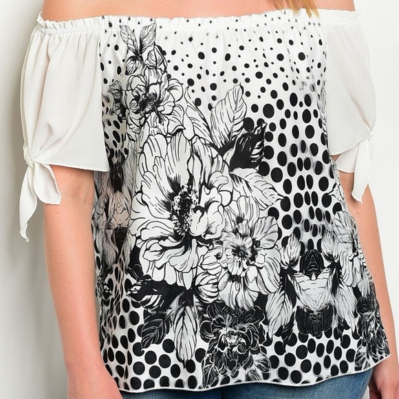 Off Shoulder Mixed Graphic Print Tie Sleeve Top - Picture 3 of 6